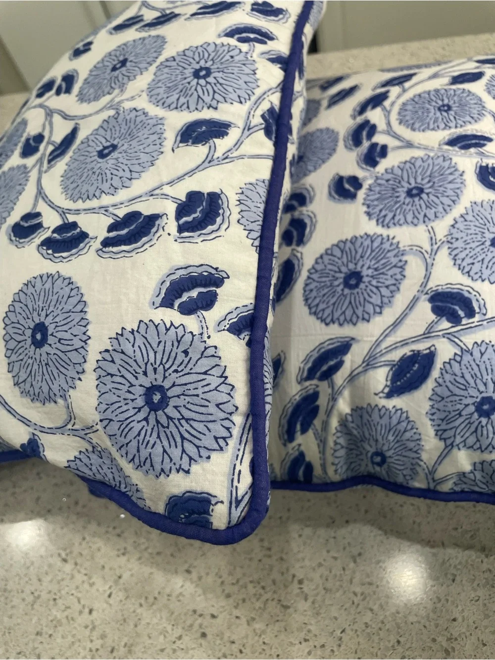 2 Blue Floral Decorative 16X16 Throw Pillow Pair Block Print w/insert and zipper
